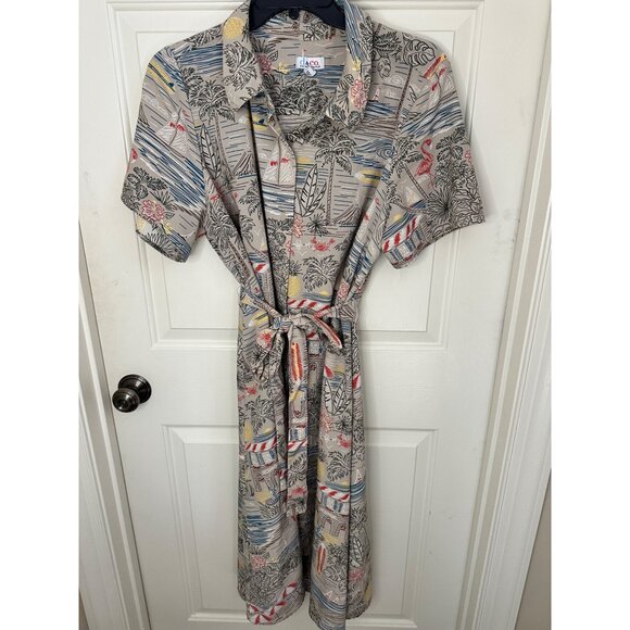 Denim & Co Size 2X Sailboats Beach Print Short Sleeve Button-Down Midi Dress W B - Picture 6 of 8